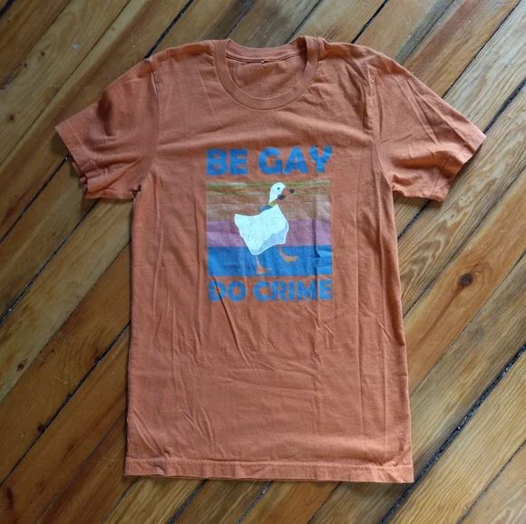 Be Gay Do Crime orange t shirt size XS in excellent condition - Picture 2 of 4